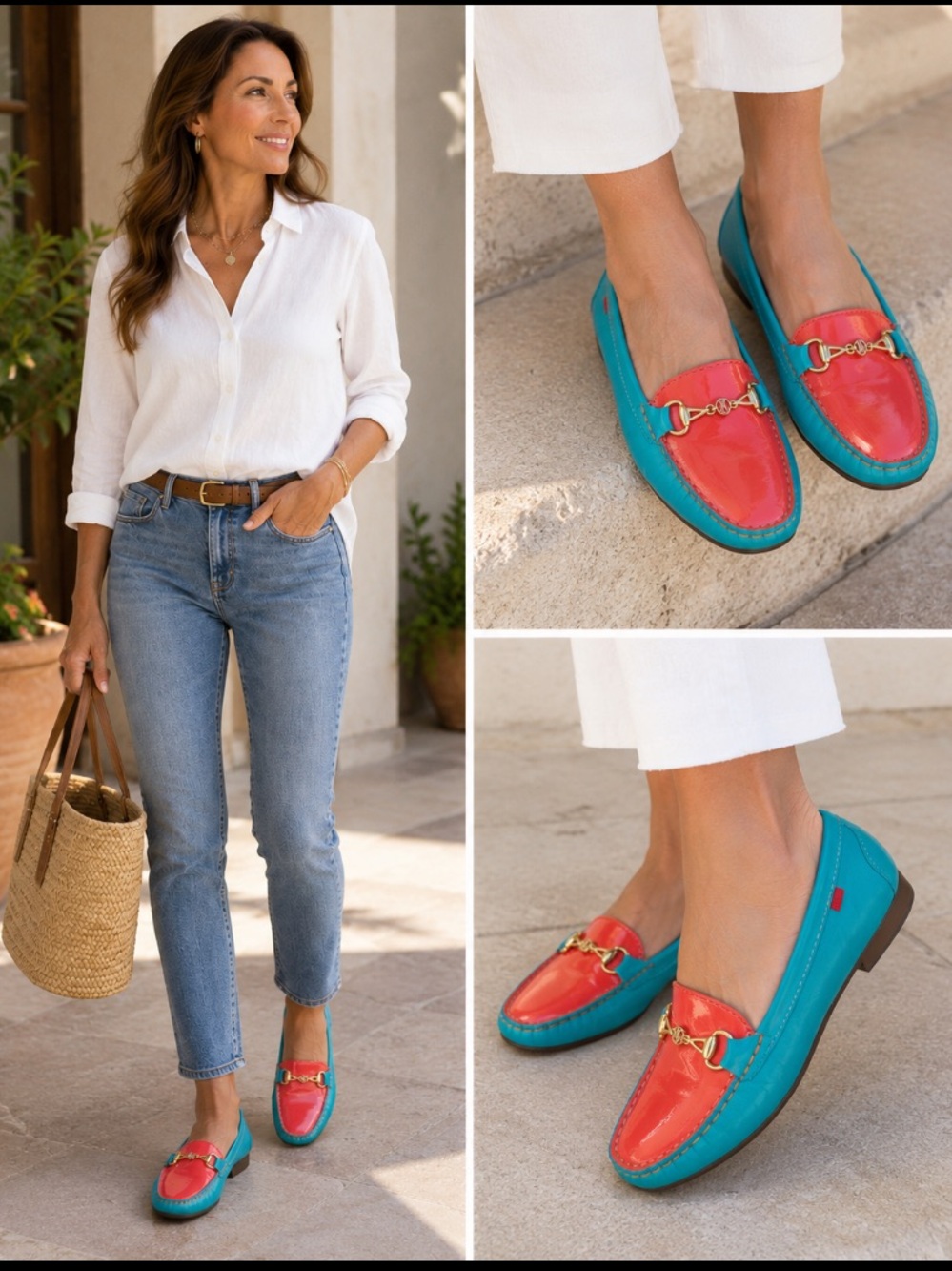 Marc Joseph - Two-Tone Teal and Coral Leather Loafers